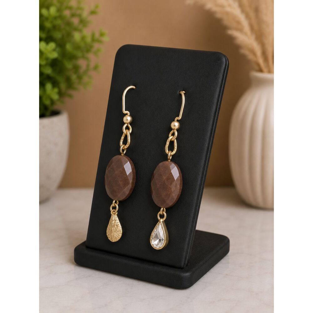 Gold Dangle Drop Earrings Faceted Brown Stone Teardrop Clear Crystal Accents New